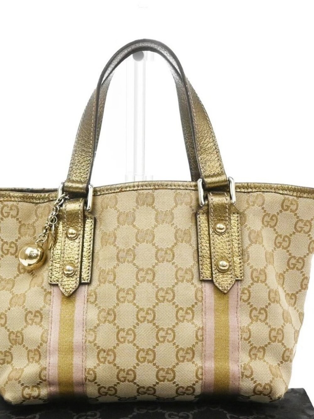 GUCCI GG Logo Sherry Web line Charm Hand Bag Canvas Gold Beige GHW 35TA807